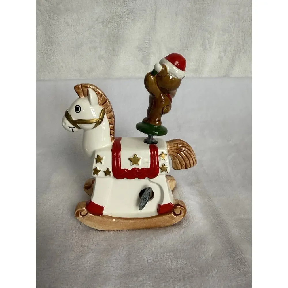 Vintage Christmas Rocking Horse W/ Bear Drummer Music Box NOS Japan
